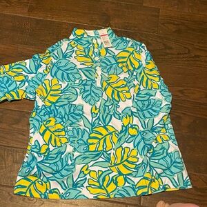 Kim Rogers Tropical Leaf Print Pullover in Teal, Yellow, White